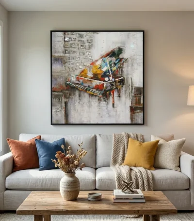 Textured abstract hand-painted canvas depicting a colorful grand piano in gestural brushstrokes, muted grays and vibrant accents, contemporary living space