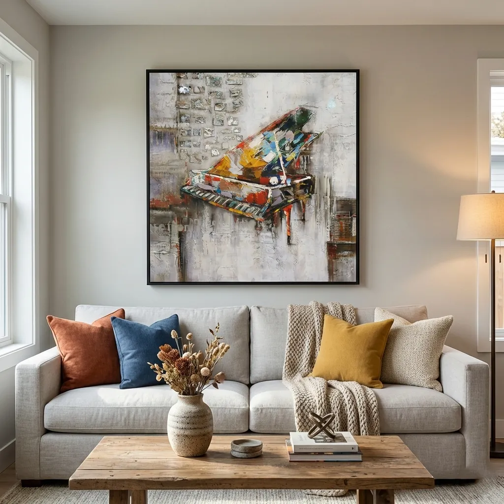 Concrete Concerto Heavily textured mixed media piano. textured wall art (5) Textured abstract hand-painted canvas depicting a colorful grand piano in gestural brushstrokes, muted grays and vibrant accents, contemporary living space