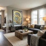 Textured abstract hand-painted canvas with golden concentric circles on muted grey, contemporary living space