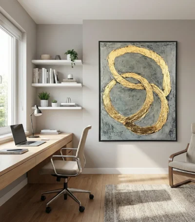 Textured abstract hand-painted canvas with interlocking golden brushstrokes on weathered gray ground, contemporary office space