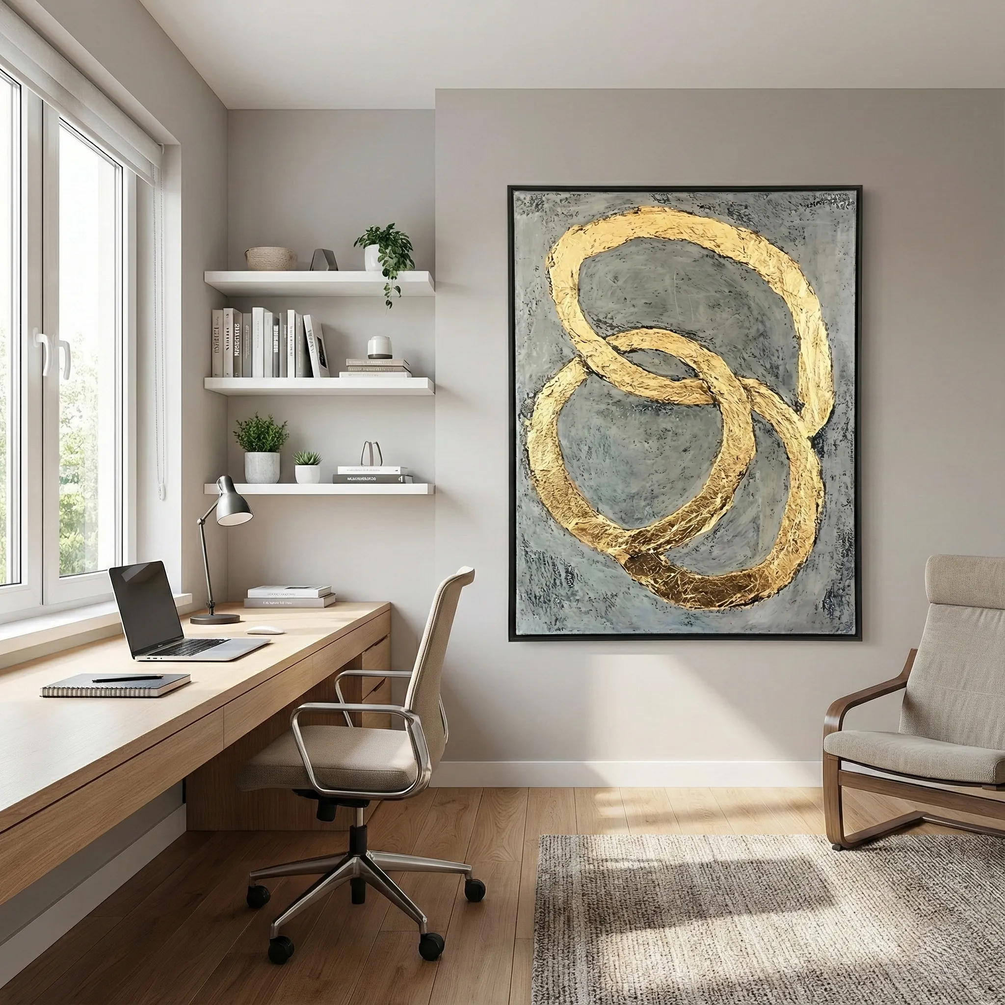 Connected Gold Interlocking metallic circles on concrete abstract wall decor (4) Textured abstract hand-painted canvas with interlocking golden brushstrokes on weathered gray ground, contemporary office space