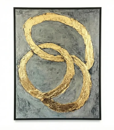 Textured abstract hand-painted canvas with interlocking gold leaf circles on stormy grey background
