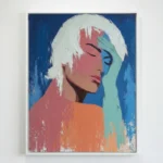 Contemporary figurative hand-painted canvas of woman in profile with platinum hair, coral and mint color blocking, deep blue background