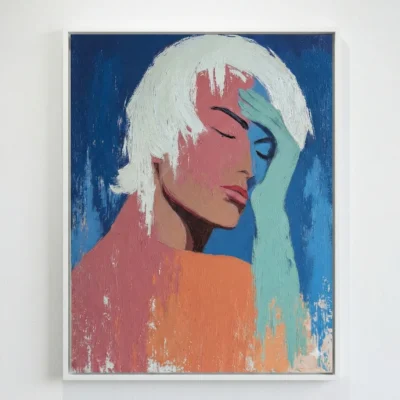 Contemporary figurative hand-painted canvas of woman in profile with platinum hair, coral and mint color blocking, deep blue background