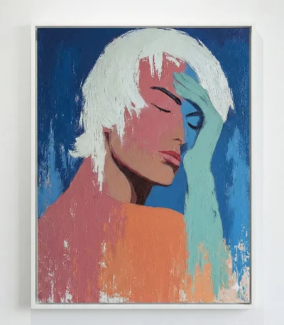 Contemporary figurative hand-painted canvas of woman in profile with platinum hair, coral and mint color blocking, deep blue background