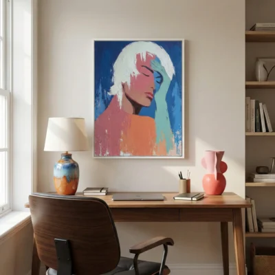 Contemporary figurative hand-painted canvas in vibrant coral, turquoise and deep blue tones, modern workspace