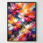 Gestural abstract hand-painted canvas depicting vibrant exploding flowers in pink, orange, yellow and teal brushstrokes