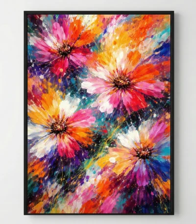 Gestural abstract hand-painted canvas depicting vibrant exploding flowers in pink, orange, yellow and teal brushstrokes
