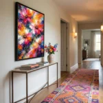 Gestural abstract expressionist hand-painted canvas depicting vibrant multicolored flowers in bold pink, orange, and purple brushstrokes, contemporary hallway