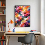 Gestural expressionist hand-painted canvas depicting vibrant multicolored flowers with dynamic brushstrokes in pink, orange, yellow and blue, styled in a contemporary workspace