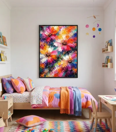 Vibrant expressionist hand-painted canvas depicting explosive multicolored flowers in pink, orange, and blue, children's bedroom