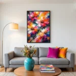 Gestural expressionist hand-painted canvas depicting vibrant multicolored flowers with dynamic brushstrokes in pink, orange, yellow, and blue, contemporary living space
