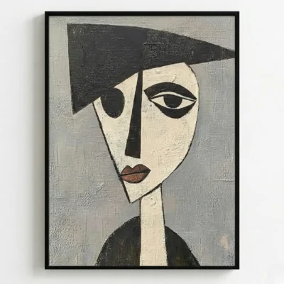 Minimalist figurative hand-painted canvas depicting an abstract face in cream and charcoal with geometric features and expressive eyes