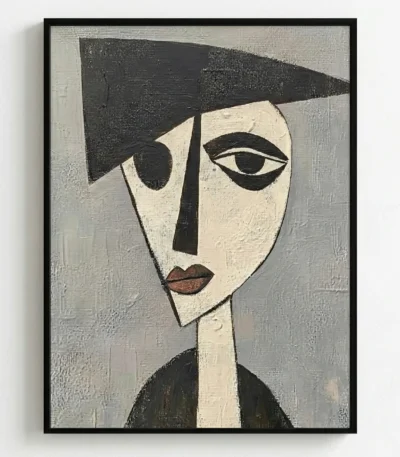Minimalist figurative hand-painted canvas depicting an abstract face in cream and charcoal with geometric features and expressive eyes
