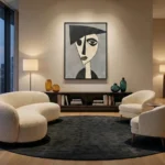 Minimalist figurative hand-painted canvas in monochrome black and cream with geometric facial features, contemporary living space