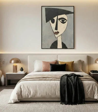 Minimalist figurative hand-painted canvas featuring abstracted portrait with geometric shapes in monochrome and cream tones, modern bedroom setting