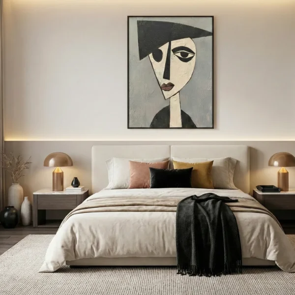 Minimalist figurative hand-painted canvas featuring abstracted portrait with geometric shapes in monochrome and cream tones, modern bedroom setting