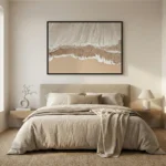 Minimalist abstract hand-painted canvas depicting coastal waves in cream and sand tones, modern bedroom
