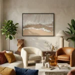 Minimalist landscape hand-painted canvas depicting windswept beach waves in cream, tan, and white tones, contemporary living space