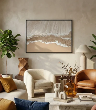 Minimalist landscape hand-painted canvas depicting windswept beach waves in cream, tan, and white tones, contemporary living space