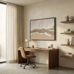 Minimalist landscape hand-painted canvas with layered cream and sand tones depicting ocean waves, contemporary workspace