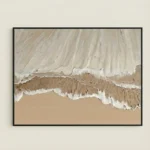Textured abstract hand-painted canvas depicting coastal waves in cream, taupe and sandy tones, contemporary living space