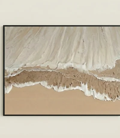 Textured abstract hand-painted canvas depicting coastal waves in cream, taupe and sandy tones, contemporary living space