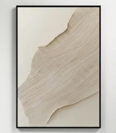 Minimalist textured hand-painted canvas with organic curved forms in cream and taupe tones