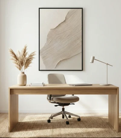 Minimalist hand-painted canvas with gestural linear striations in cream and taupe tones, contemporary office space