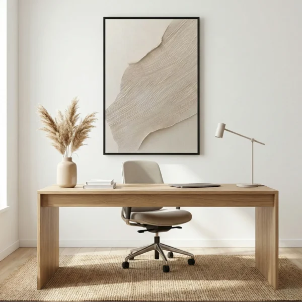 Minimalist hand-painted canvas with gestural linear striations in cream and taupe tones, contemporary office space