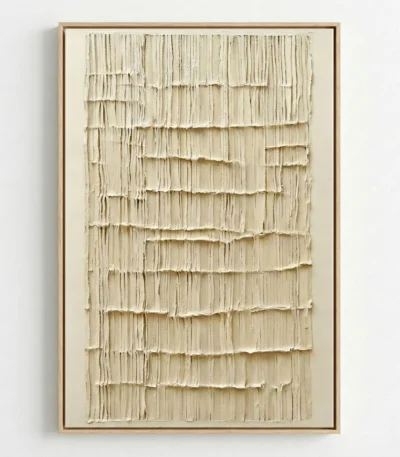 Textured abstract hand-painted canvas in cream and ivory with layered linear brushstrokes, contemporary wall art