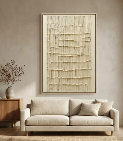 Textured abstract hand-painted canvas with layered cream and ivory brushstrokes creating dimensional relief, contemporary living space