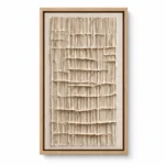 Tall narrow plaster relief with fine vertical ivory ribs and a linen mat border, natural wood frame