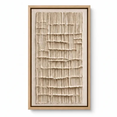 Tall narrow plaster relief with fine vertical ivory ribs and a linen mat border, natural wood frame