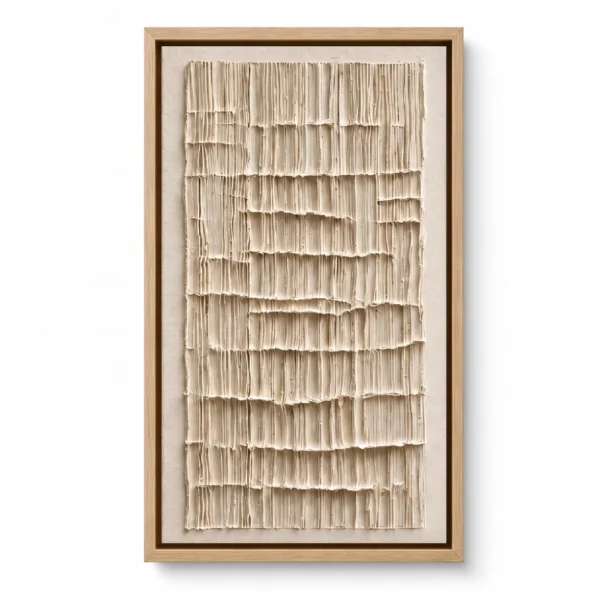 Tall narrow plaster relief with fine vertical ivory ribs and a linen mat border, natural wood frame