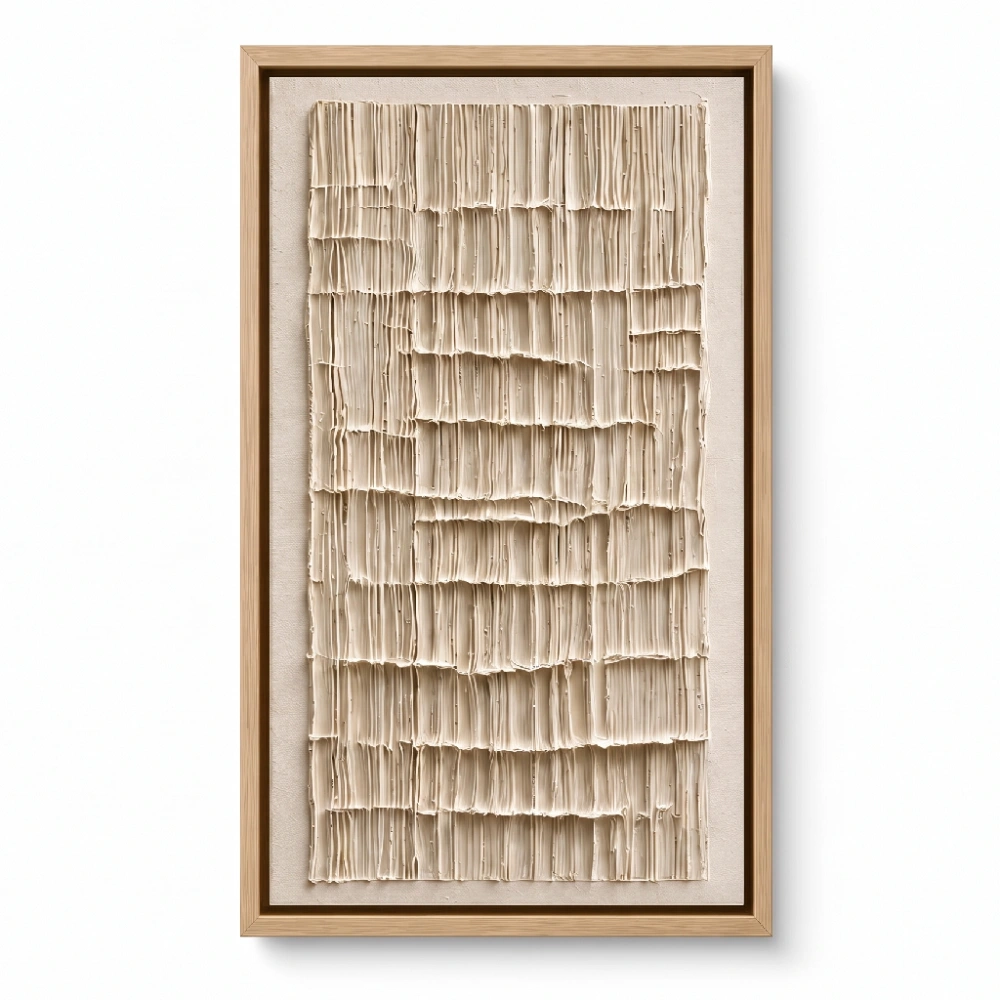 Tall narrow plaster relief with fine vertical ivory ribs and a linen mat border, natural wood frame
