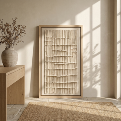 Narrow Ridge textured wall art shown framed on the wall in a styled interior