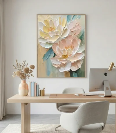 Textured contemporary hand-painted canvas featuring layered peonies in cream, blush, and gold with teal brushstroke accents, modern workspace