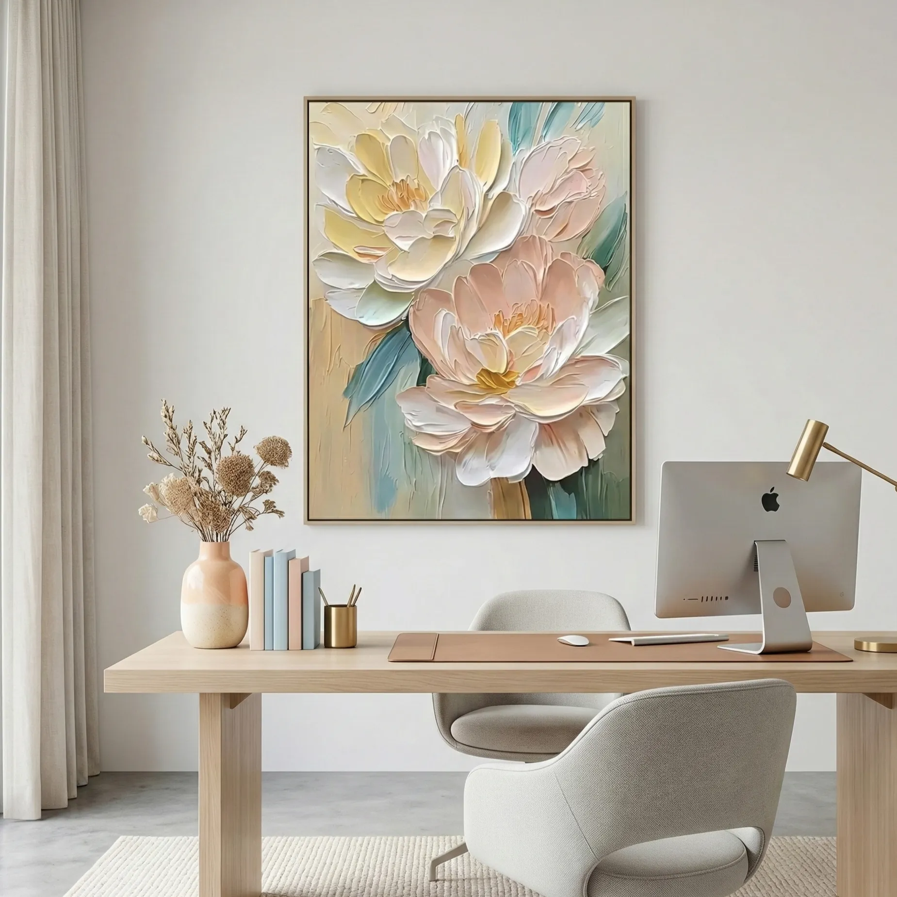 Cream Pastel Flora Soft yellow and pink petals color wall art (1) Textured contemporary hand-painted canvas featuring layered peonies in cream, blush, and gold with teal brushstroke accents, modern workspace