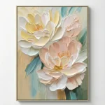 Textured contemporary hand-painted canvas depicting layered peonies in cream, blush, and pale yellow with teal and sage brushwork
