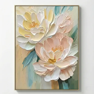 Textured contemporary hand-painted canvas depicting layered peonies in cream, blush, and pale yellow with teal and sage brushwork