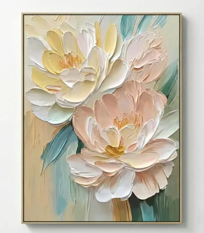 Textured contemporary hand-painted canvas depicting layered peonies in cream, blush, and pale yellow with teal and sage brushwork