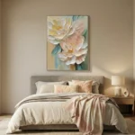 Textured contemporary hand-painted canvas featuring layered white and blush peonies with golden centres in soft cream and teal tones, bedroom setting