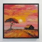 Impressionist landscape hand-painted canvas depicting acacia tree and cottage at sunset with warm gold and crimson palette