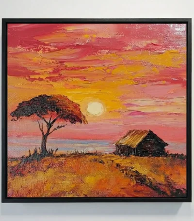 Impressionist landscape hand-painted canvas depicting acacia tree and cottage at sunset with warm gold and crimson palette