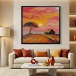 Impressionist landscape painting depicting African sunset with acacia tree and rustic dwelling in warm reds and golds, contemporary living space