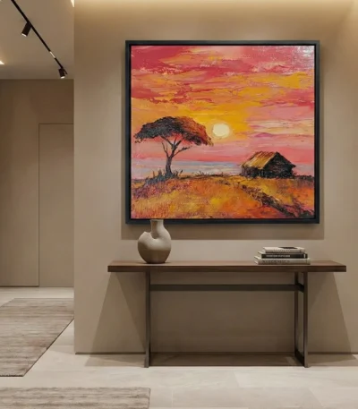 Impressionist landscape hand-painted canvas depicting African savanna sunset with acacia tree, warm coral and golden palette, contemporary entryway