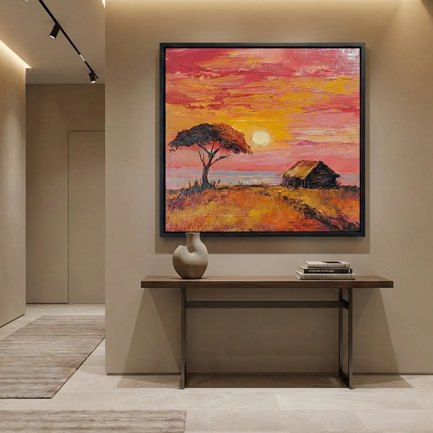 Crimson Acacia Plains Vibrant sunset scene with hut color art (3) Impressionist landscape hand-painted canvas depicting African savanna sunset with acacia tree, warm coral and golden palette, contemporary entryway