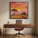 Textured contemporary landscape painting depicting African sunset with acacia tree and rustic dwelling in warm sunset palette, home office setting