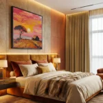 Impressionist landscape hand-painted canvas depicting golden sunset with acacia tree and rural cottage in warm terracotta tones, contemporary bedroom setting